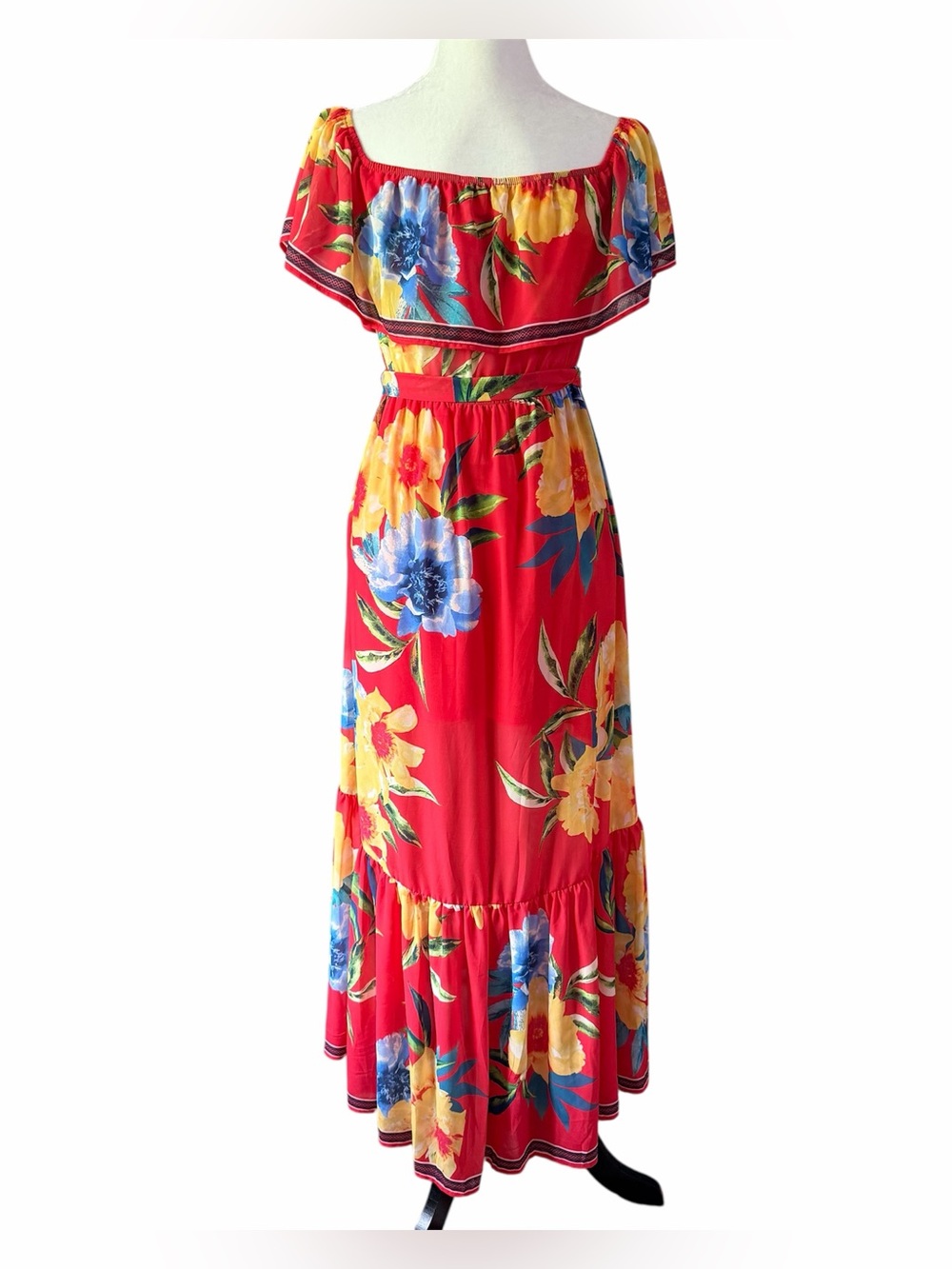 Flying Tomato Red Off-Shoulder Floral Maxi Dress with Yellow & Blue Blooms
